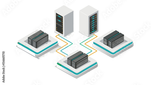 Isometric view of a server network with data storage and server racks connected by lines network
