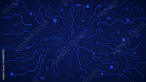circuit board, artificial intelligence, CPU mother board with connecting paths and electric components in blue background template