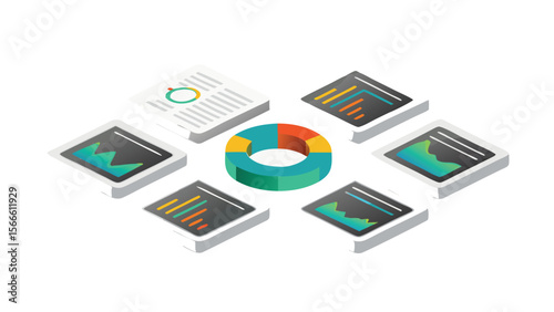Isometric view of data visualization elements including charts and graphs on white background