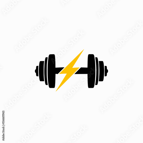 gym dumbbell logo with lightning effect, black and yellow, fitness theme, flat design, white background
