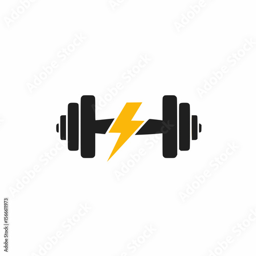 gym dumbbell logo with lightning effect, black and yellow, fitness theme, flat design