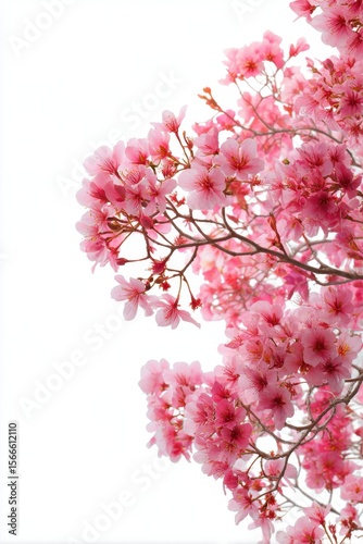 Pink Cherry Blossom Bloom on Branch Against White Background