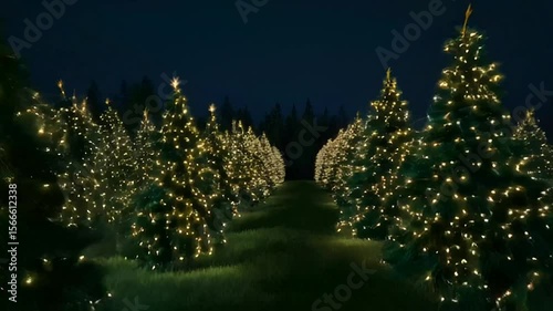 Starlit Pathway Surrounded by Festively Illuminated Christmas Trees in a Serene Forest Setting