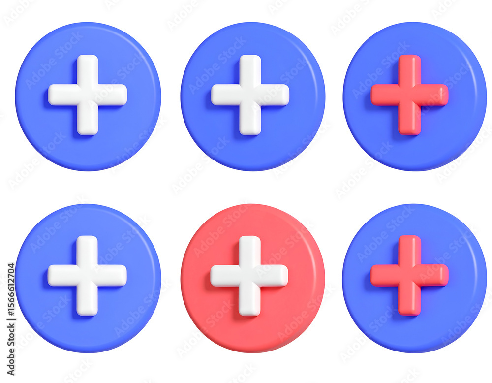 Fototapeta premium 3D Plus Blue and red plus signs in circles arranged in two rows