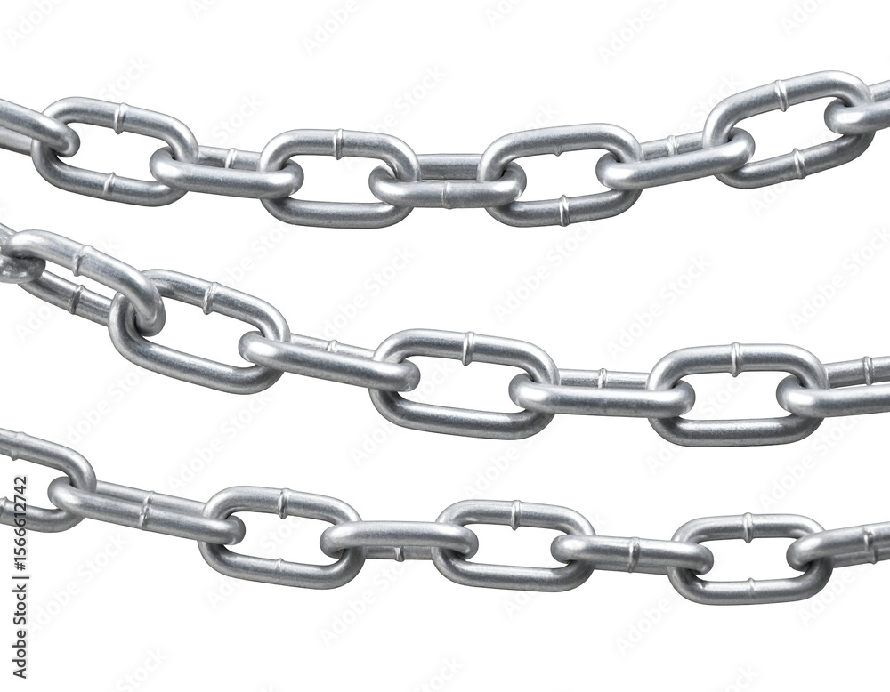 Three strong silver metal chains stretch horizontally, symbolizing connection and unbreakable strength Three strong silver metal chains stretch horizontally, symbolizing connection and unbreakable strength