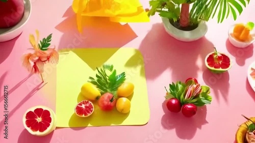 Vibrant Fruit Arrangement on a Pink Background with Lush Greenery