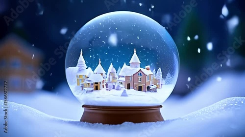 Winter Wonderland in a Snow Globe Captivating Christmassy Scene with Charming Houses and Snowflakes