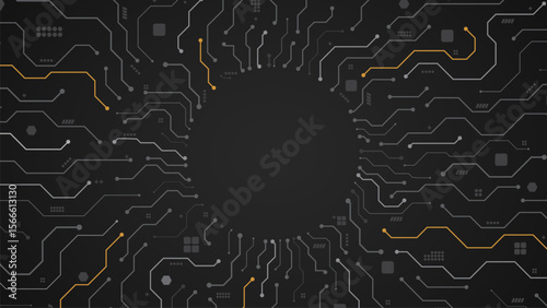 circuit board with grey wire connecting paths with tech yellow lines in circle background template