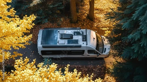 Compact camper van rooftop solar panel parked on autumn forest road with yellow leaf green tree surroundings peaceful scenic travel view