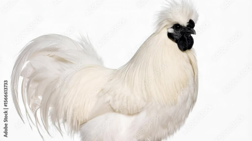 Elegant white Silkie chicken with black beak posing on a plain white background in a studio setting, showcasing its fluffy plumage.