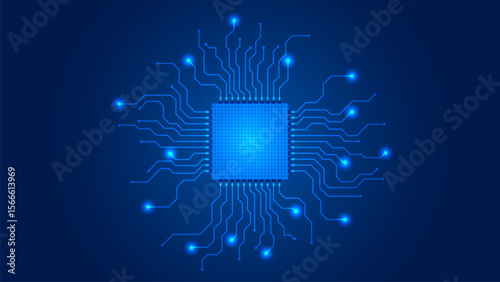 Micro processor, CPU connecting with circuit paths in blue tech background template