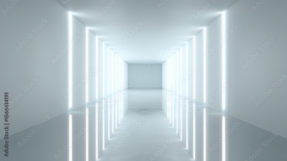 Obraz premium Sleek white hallway with luminous vertical lighting casting reflections on polished floor, embodying contemporary minimalist design and architectural sophistication