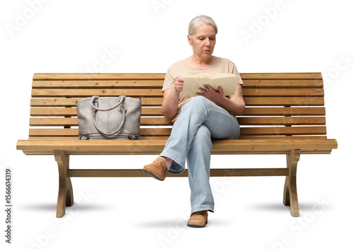 Mature woman in her 50s sitting on a wooden bench, reading a book. Studio shot isolated on white background. She is casually dressed