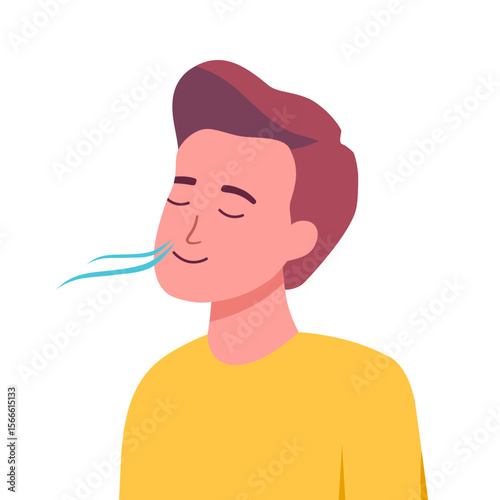 Mental health concept with pretty young man. Young man doing breathing exercise. care. Awareness, mindfulness and meditation. Flat vector illustration isolated on white background
