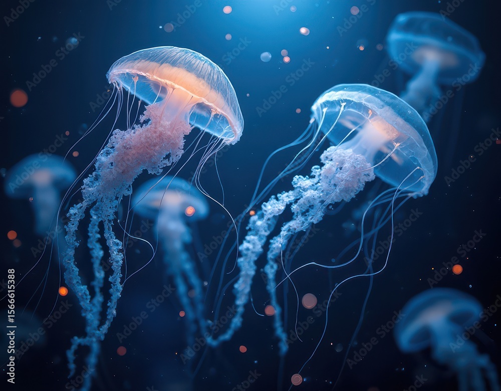 Obraz premium Elegant jellyfish pulsing through the dark blue depths with clusters of bioluminescent plankton surrounding them Generative AI