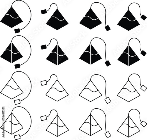 Pyramid tea bag icons set. coffee bags collection. Triangle paper tea bag. herb, organic beverage signs. Breakfast drink concepts