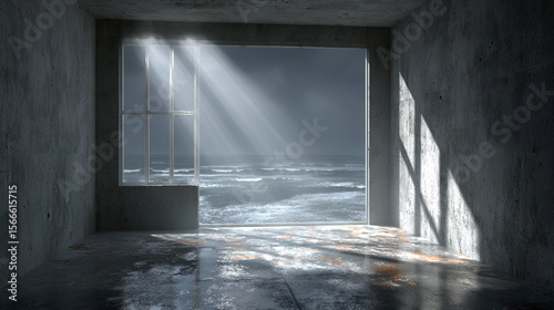 Sunlight pierces through a large window, illuminating an empty, weathered concrete room overlooking a stormy, vast ocean.