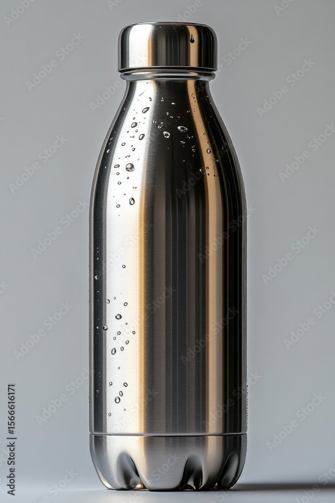 Fototapeta premium A shiny stainless steel insulated water bottle with droplets