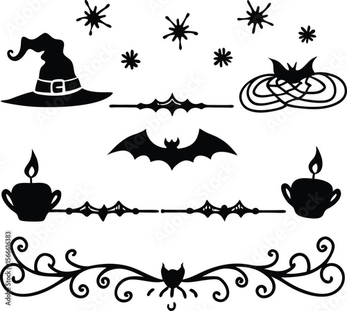 Halloween Elements Design and Text dividers doodle set Wedding decorative elements ornament borders lines Hand