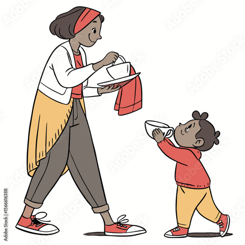 Mother serving a child a warm drink