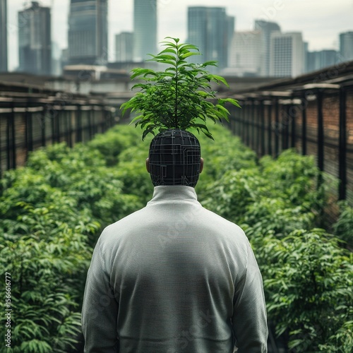Person with Plant Head in Urban Agricultural Landscape