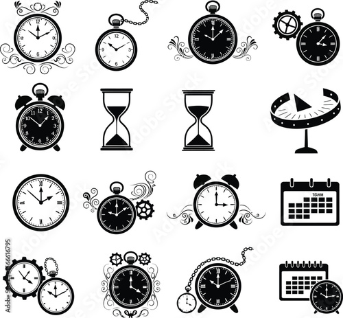 Collection of vintage and modern timekeeping devices including clocks hourglasses and calendars