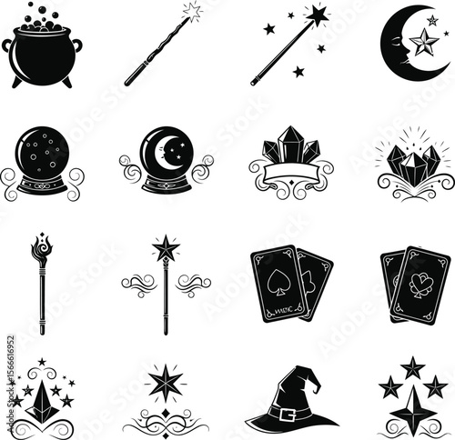 Collection of magical symbols including a cauldron wands crystals moon and witch hat