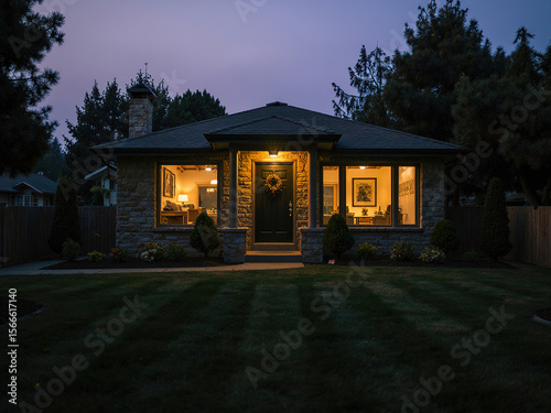 Night-Lit Cozy Two-Story House with Well-Manicured Lawn and Warm Glow