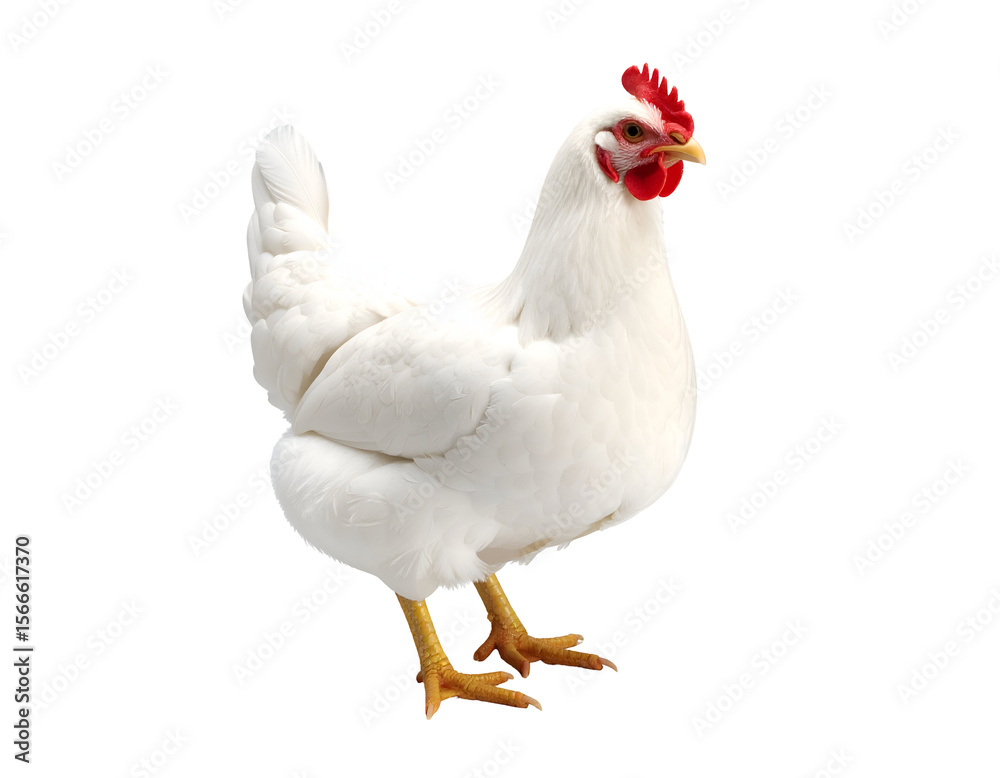 A pristine white hen stands gracefully, showcasing its vibrant red comb and wattles.
