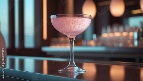 Elegant Cocktail: A sophisticated pink cocktail is showcased on a reflective bar, exuding allure and refinement within a dimly lit environment.