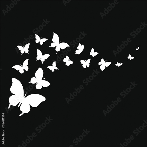 Flying Butterfly Silhouettes in Motion on Black Background