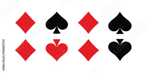 Bold Black and Red Vector Silhouette Icon Set of Playing Card Suits for Casino Designs, Poker Games, and Card Game Graphics