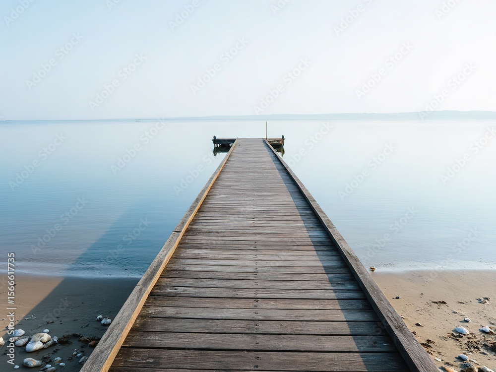 Fototapeta premium Serene Wooden Pier Extending Over Calm Lake on Sandy Shore