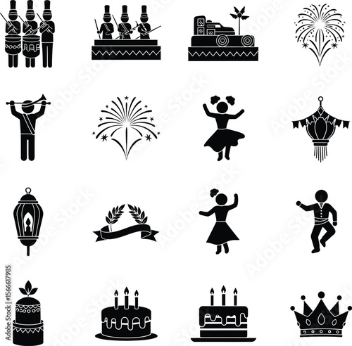 Collection of festive celebration icons including parade performers fireworks and cakes
