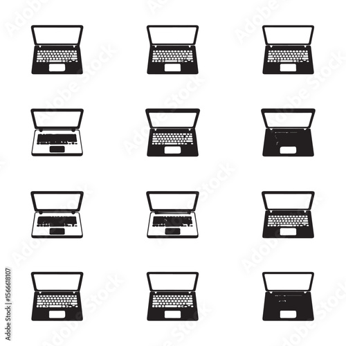 Collection of twelve black laptop computer icons in a grid pattern on a white background