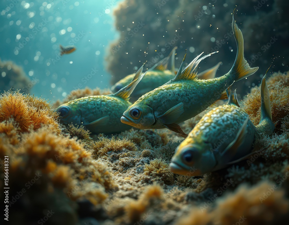 Fototapeta premium Group of parrotfish grazing on algae-covered rocks with clouds of fine sediment swirling around Generative AI