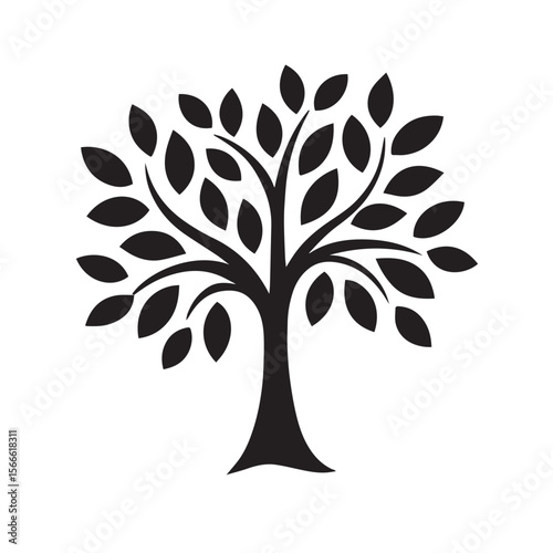Black Silhouette of a Tree with Leafy Canopy on White Background