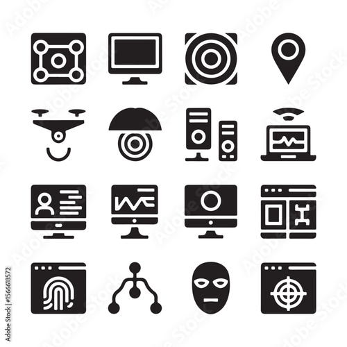 Collection of security and technology icons including drone camera computer network and identification symbols