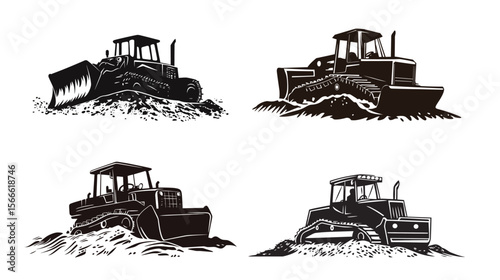 Linocut silhouette of a bulldozer pushing dirt, bold and minimal vector design showcasing heavy construction machinery in action, suitable for industrial, construction, and engineering themes 