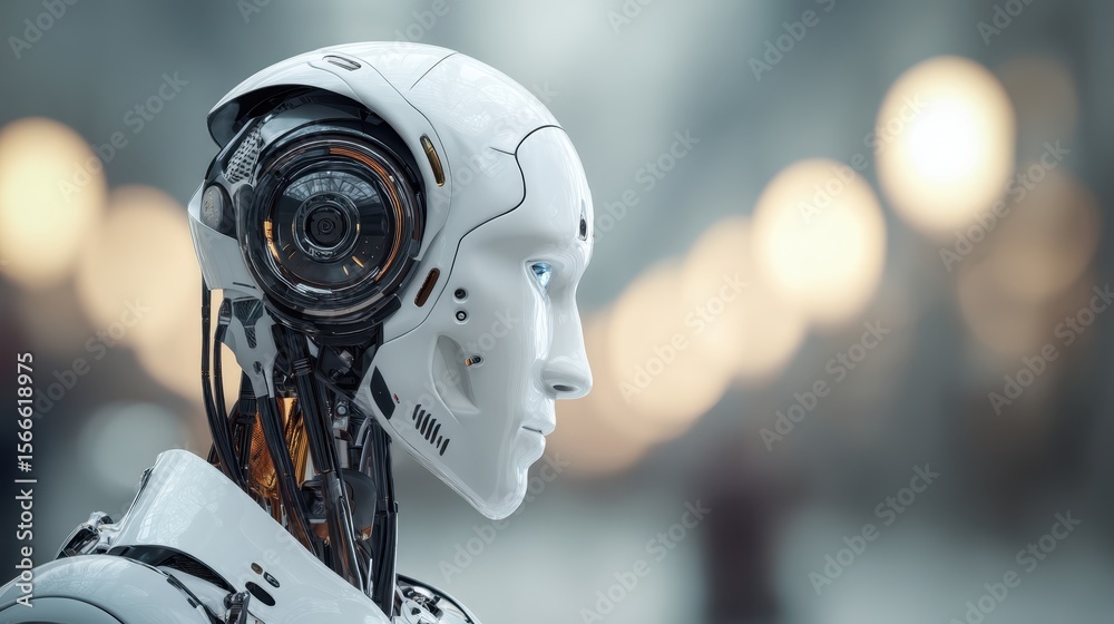 Fototapeta premium Futuristic white robotic form featuring exposed mechanical parts, gazing rightward with sleek chrome surfaces amid softly blurred technological environment