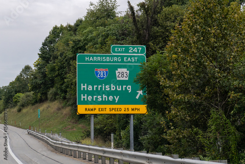 sign for Exit 247, Harrisburg East Interchange, from the Pennsylvania Turnpike I-76 for I-283 and PA-283 for Harrisburg and Hershey, PA