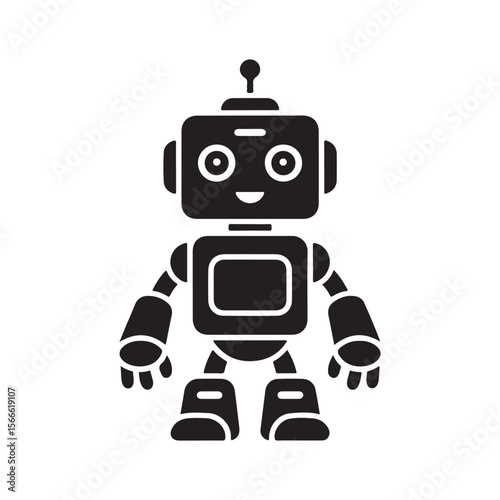 Friendly cartoon robot character with a simple design and a happy expression