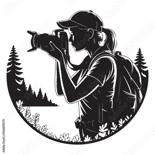 Silhouette of a female photographer wearing a cap and backpack capturing nature with her camera