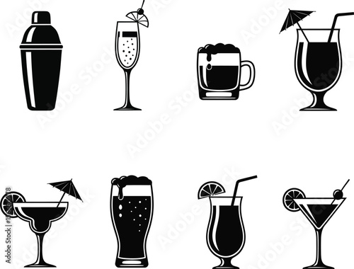 Collection of eight black and white beverage icons including cocktails and beer