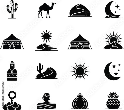 Collection of black and white icons representing desert life and travel
