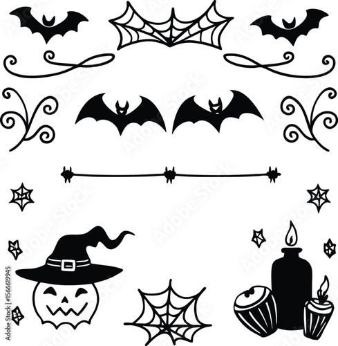Halloween Elements Design and Text dividers doodle set Wedding decorative elements ornament borders lines Hand