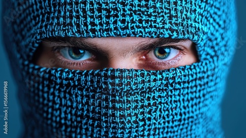 Intense Gaze of a Mysterious Figure in Blue Knit Mask