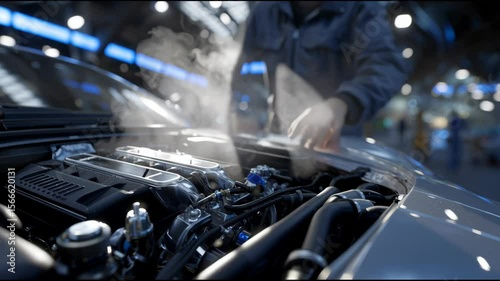 A car engine is smoking and has a red light on it