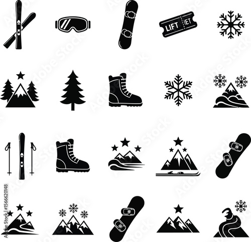 Collection of winter sport icons including skis snowboard boots snowflakes mountains and lift tickets