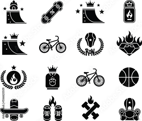 Collection of black and white vector icons representing extreme sports and victory symbols